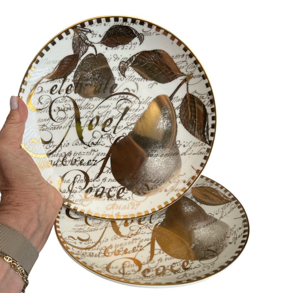 Restoration Hardware White Gold Holiday 8” Plates Noel Set of 2